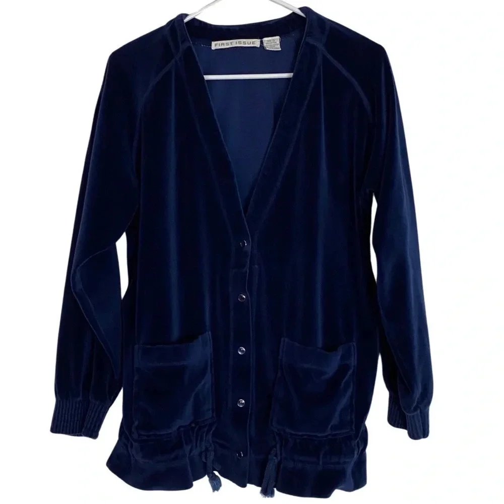 Vintage 90s Velour Grandma Cardigan Size Small Navy Blue Retro Velvet Shirt Top